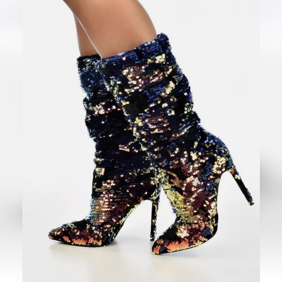 Sequin & Velvet Covered Stiletto Calf Boots NWT - Colorful NWT Size 6 - Picture 8 of 9